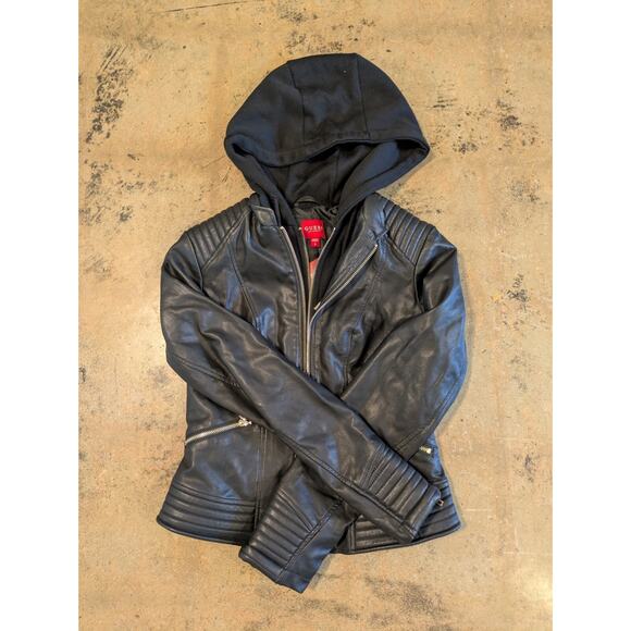NWT Guess Women's S Jet Black Faux Leather Nelly Knit Hooded Jacket Motorcycle - Picture 7 of 12